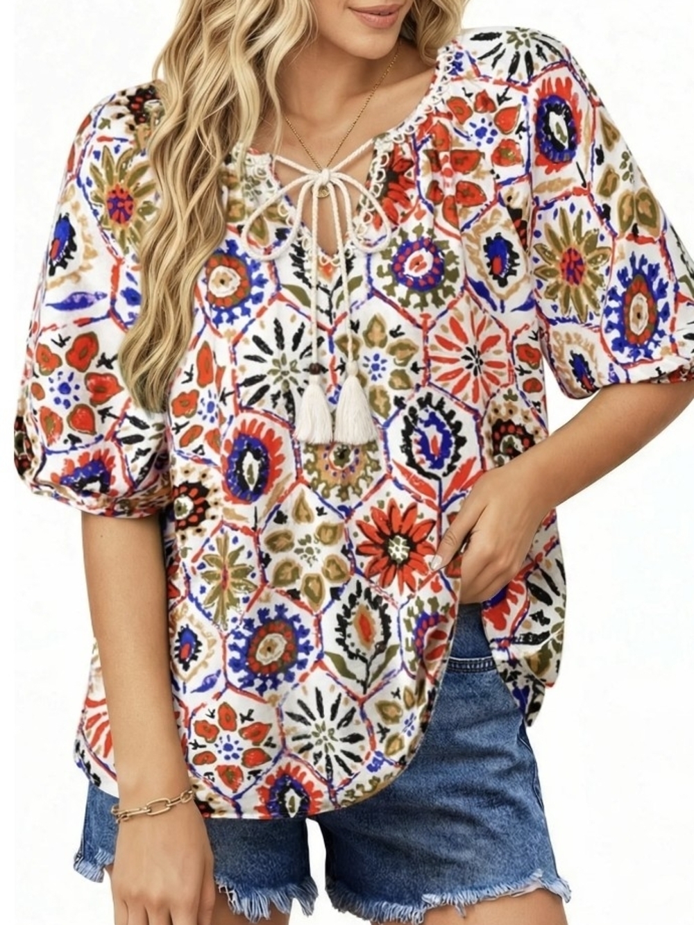 Boho Floral Tie-Neck Blouse in White Multi Size 2xl